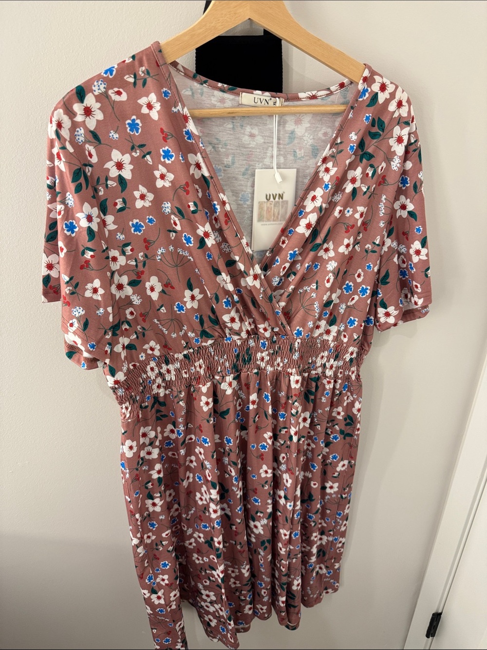 Floral V-Neck Smocked Waist Dress in Dusty Rose